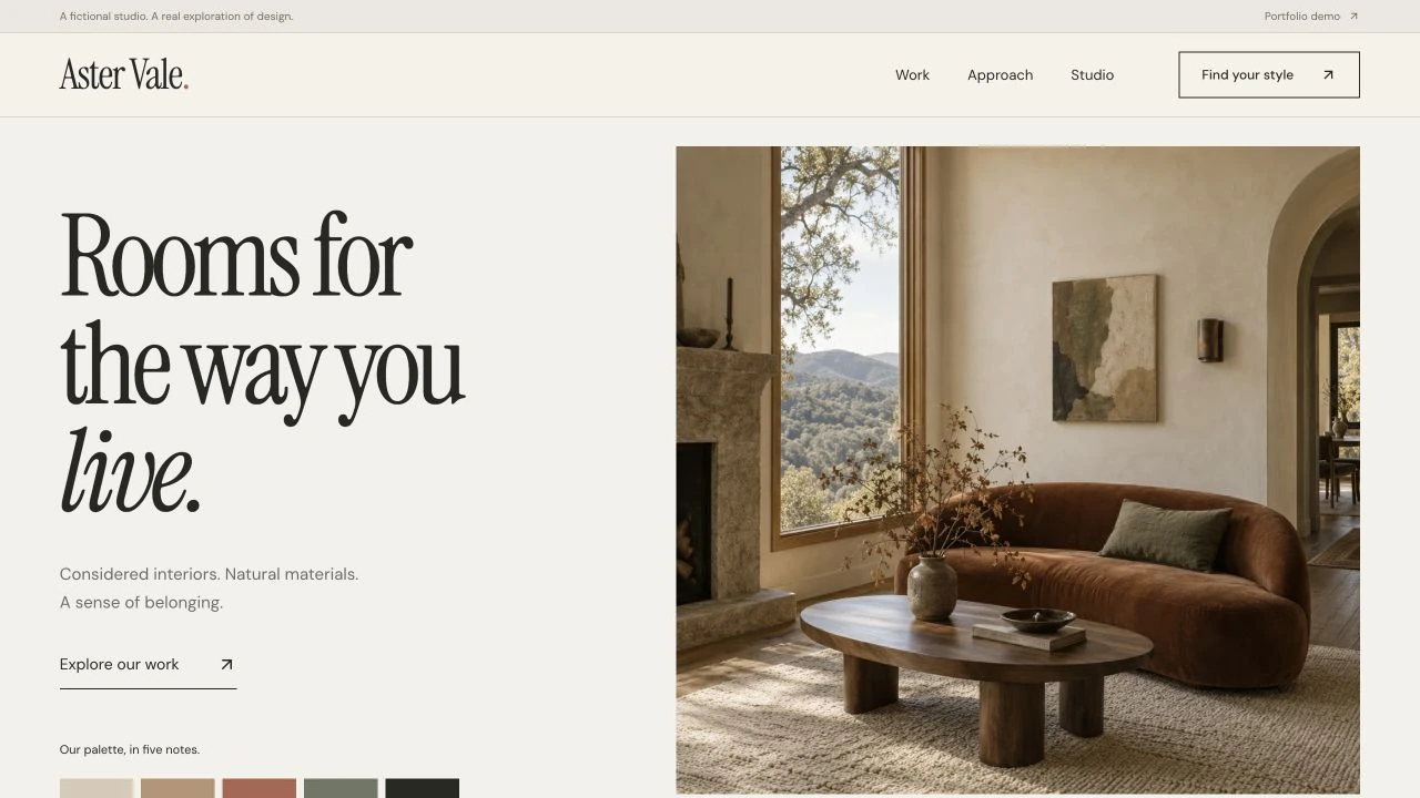 Aster Vale Interiors with editorial typography, warm natural materials, and a rust velvet sofa.