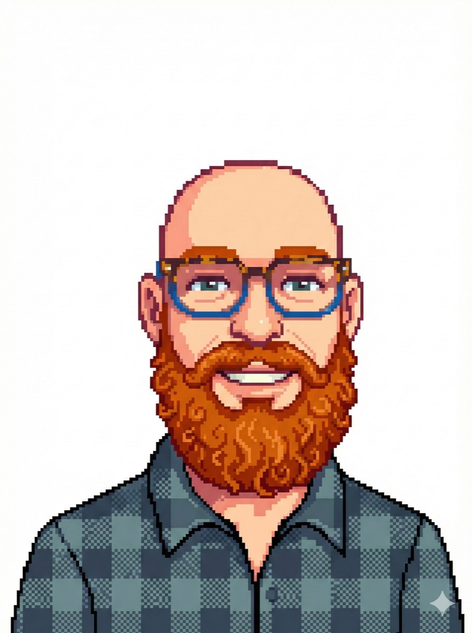 Pixel art portrait of Taylor Neal wearing glasses and a dark plaid shirt.